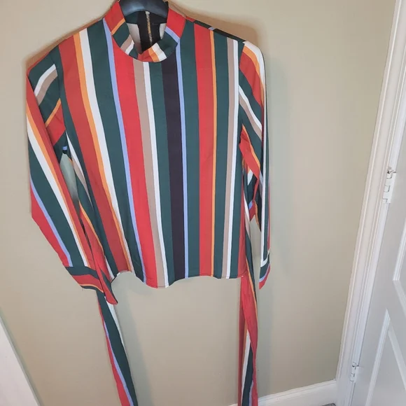Muriell's Closet blue, red, green, gold, and white striped blouse. Size … - Picture 8 of 12